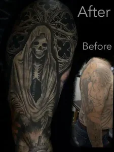 Cover Up Tattoo By Legendary Tattoos in Las Vegas Nevada. This photo shows a before and after transformation.