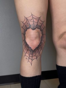 Spider Web Knee Tattoo By Legendary Tattoos in Las Vegas Nevada.